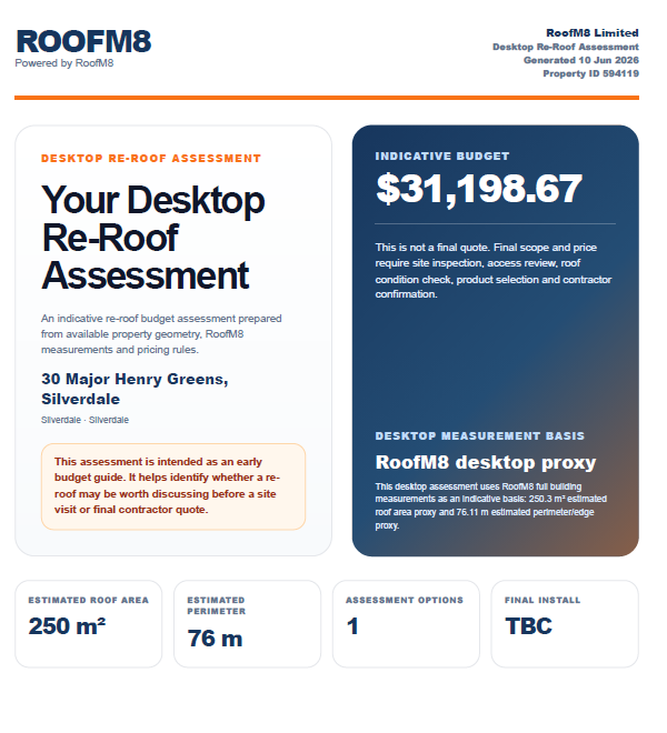 RoofM8 desktop roof assessment example
